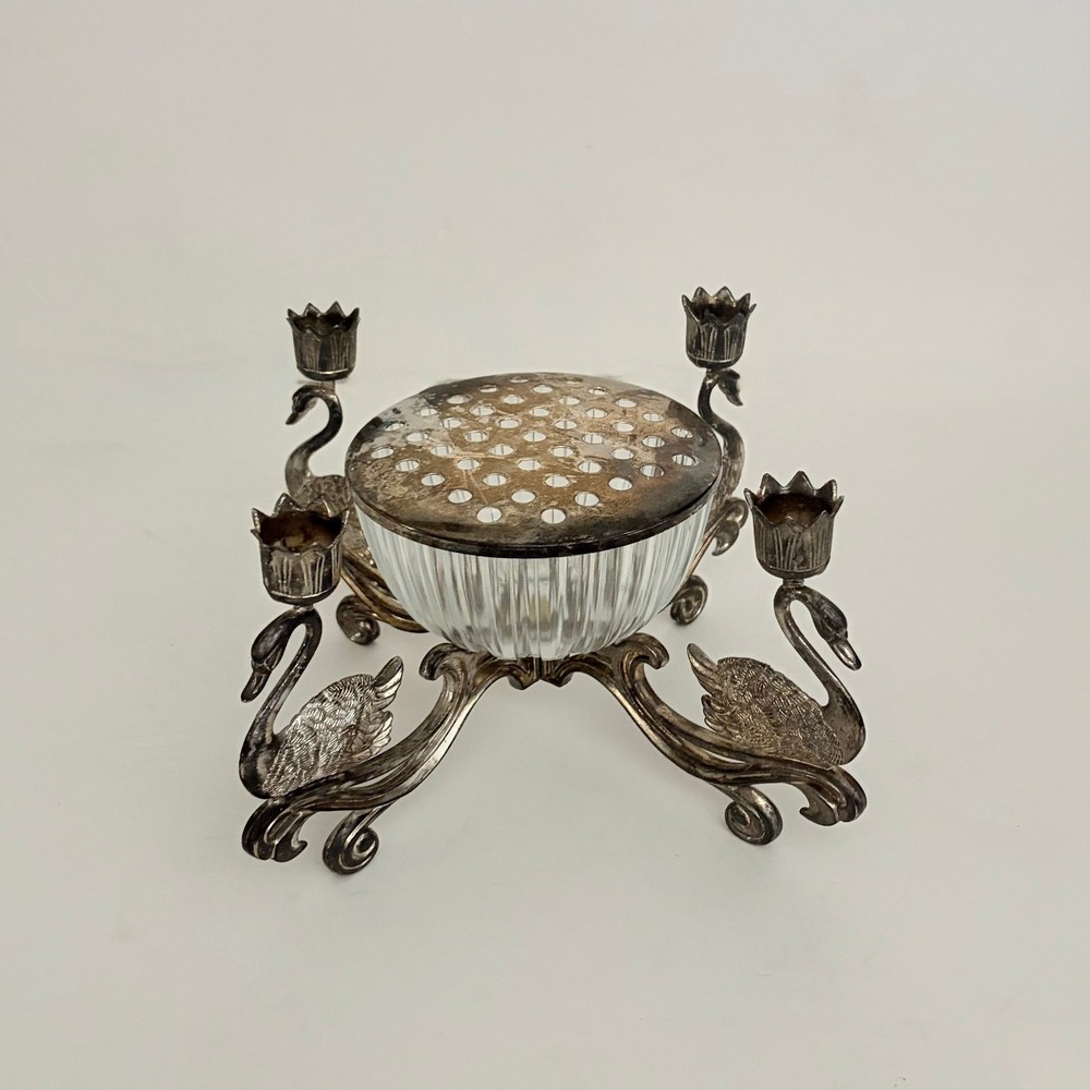 GODINGER Vintage 1988 Silverplate Swan Candelabra Flower Frog Centerpiece